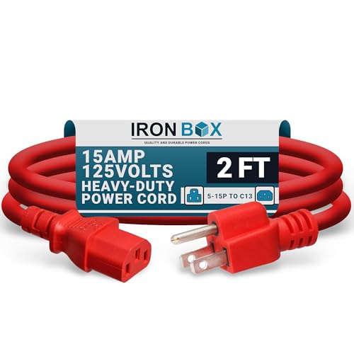 Image of IronBox Electric - Heavy-Duty 5-15P to C13 Power Cord - 3 Prong 15A 125V 14 /3 SJT PC Cable - Cord for Computer, Monitor, Subwoofer, Amplifier - Cable for Power Supply - (Red 2 Foot)
