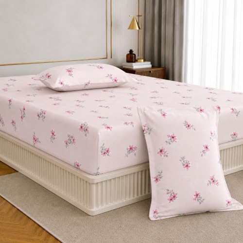 Image of King Size Elastic Fitted Bedsheet, 100% Pure Cotton King Size Fitted Bedsheet for Double Bed with 2 Pillow Covers, 240 TC, 72x78 Inches up to 8-inch Mattress, Floral (Blush Bloom)