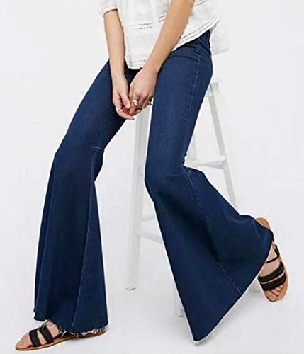 Women's Fashion Bell Bottom Pants High Waist Tassel Stretch Curvy Fit Jeans Blue3