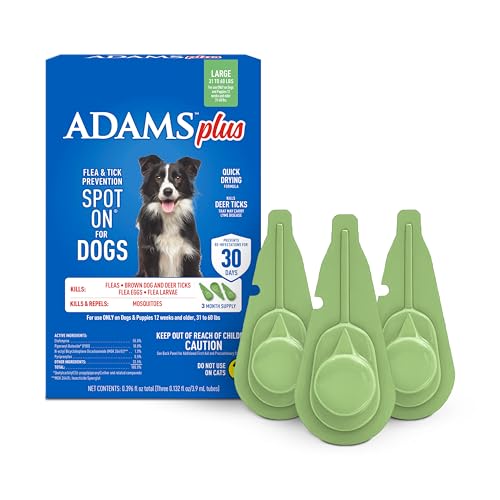 ADAMS Plus Flea & Tick Prevention Spot On for Dogs, Large Dogs, Kills Fleas & Ticks (Brown Dog/Deer Ticks), Kills and Repels Mosquitoes, Prevents Flea Infestations, 3-Month Supply, 3 Pack