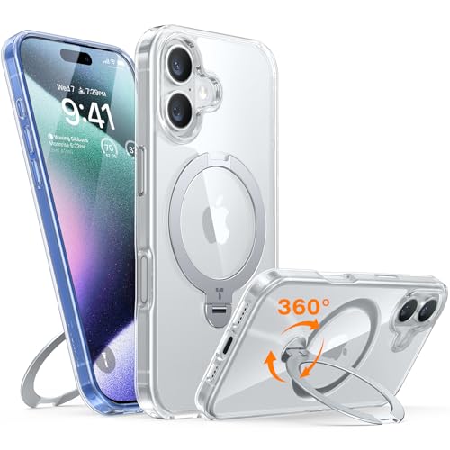 TORRAS 360° Spin Magnetic Stand for iPhone 16 Case 6.1 inch, Compatible with Magsafe, 12FT Military Grade Protection, Shockproof Slim Case for iPhone 16 Phone Case with Kickstand & Ring Holder, Clear