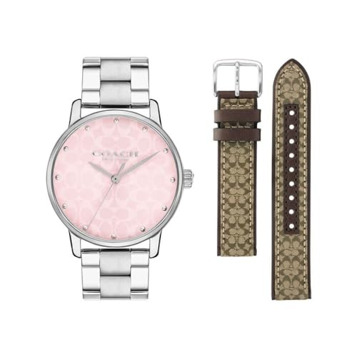 Image of Coach Grand Qtz Basic Women's Watch, Pink Round Dial, Khaki Band, Analog 14000088, Mahogany Calfskin & Khaki Fabric Material