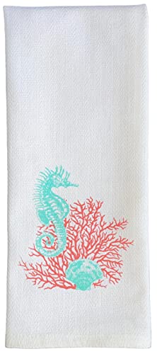 100% Cotton Seahorse And Seashell Nautical Coastal Design Flour Sack Kitchen Towel Soft And Absorbent Tea Towel / Hand Towels With Hanging Loop Size: 16 X 28 Inch. #TOP2