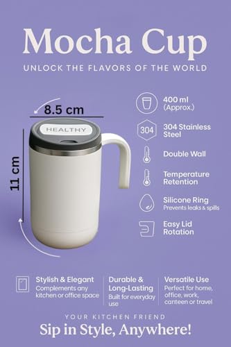 Image of TYLOS Insulated Plastic Stainless Steel Coffee Mug, Mocha Cup with Lid 400ml Double Wall Tea & Milk Mug for Travel, Home, Office, | Leakproof | Drinkware Gifts for Woman & Man (White)