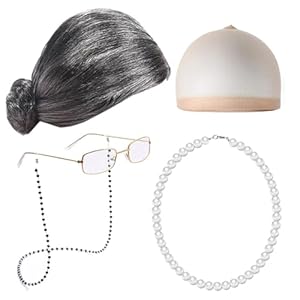 Costume de perruque de vieille dame pour femme, Lot de 5 perruques de grand-mère, lunettes de grand-mère, chaîne de lunettes, collier de perles, bracelet, Grand-mère Costume Perruque Pour Cosplay