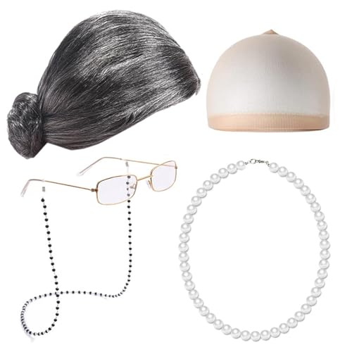 Perruque vieille femme lot de 5 pièces style grand-mère avec collier