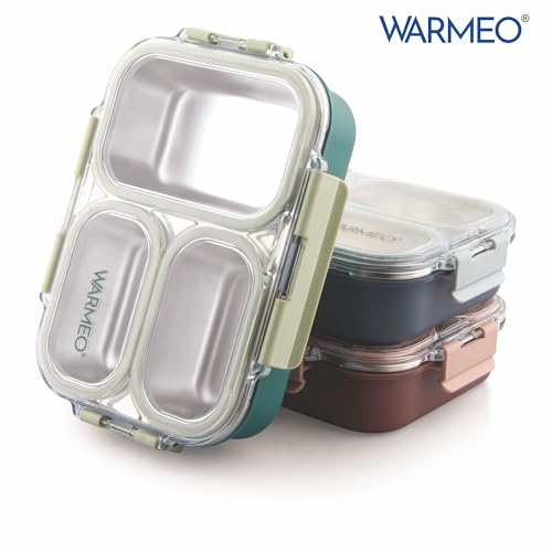 Image of WARMEO BENTO Microwave-Safe Stainless Steel Lunchbox with 3 compartments,bpa Free,Perfect for Office, School, Travelling, 750ml-brown