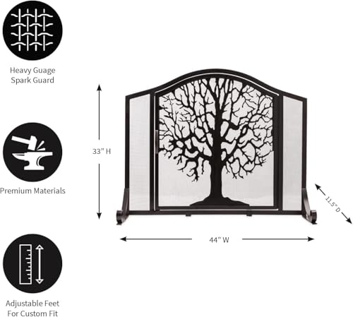 Plow & Hearth Metal Fireplace Screen Tree of Life Black | 44" W x 33" H | Magnetic Hinged Door | Spark Guard Cover | Stand Alone Wrought Iron Panel Fire Place Cover