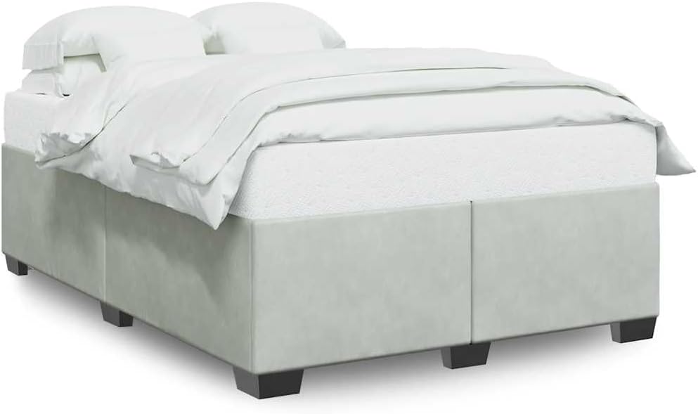 Bed Frame Light Gray Velvet Fabric Platform with Sturdy Slatted Foundation for Full Mattress Support, Easy Assembly, Modern Minimalist Bedroom Furniture with Durable Nonslip Feet