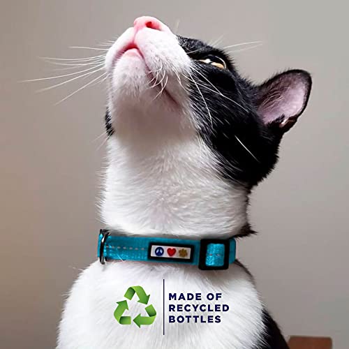 Pawtitas ♻️ Recycled Cat Collar With Reflective Stitched And Safety Buckle Removable Bell Reflective Cat Breakaway Collar Made From Plastic Bottles Teal Turquoise Wave Cat Collar #TOP2