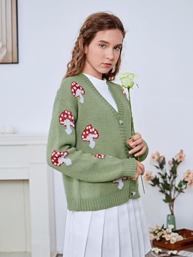 Image of Verdusa Girl's Graphic Sweater Long Sleeve V Neck Casual Button Down Cardigan Green a 14 Years