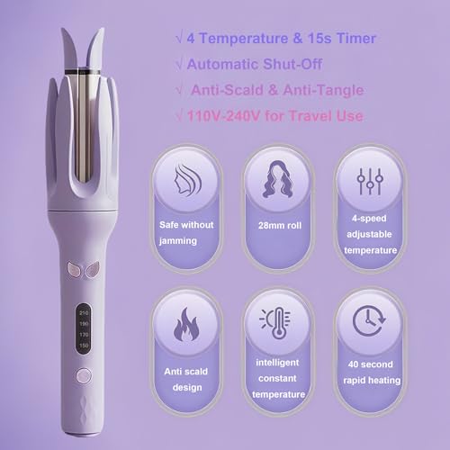 Image of Automatic Rotating Hair Curling Iron, Negative Ion Ceramic Curler, Purple