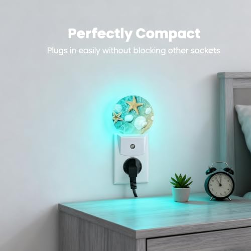Image of Starfish and Sea Plug-in Night Light Dusk to Dawn Smart Sensor White Led Nightlight for Bedroom Bathroom Kitchen Hallway Stairs Hallway Energy Efficient Decor Desk Lamp