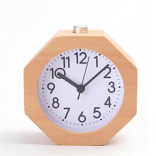Lancoon Wooden Analog Alarm Clock, Small LED Non-Ticking Quiet with Arabic Numerals Wake Up Light Night Snooze Function Battery Operated Easy to Set for Kids Men Women (Yellow)