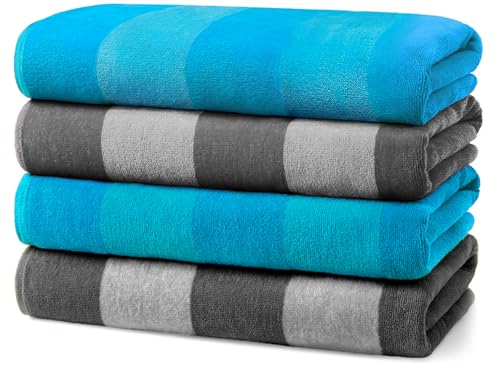 Kaufman - Velour Multi-Color Cabana Striped Beach Towels | 100% Cotton Beach Towel Pack 30" x 60" | Absorbent, Quick-Drying Pool Towels for Adults (4 Pack)