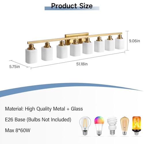 Image of Bathroom Vanity Light,8-Light Brushed Gold Bathroom Light Fixtures with Square Frosted Glass, 51in Gold Wall Lamp Sconces for Mirror Bedroom,Living Room Hallway,E26