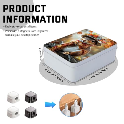 Image of Metal Tin Box with Lid,Multi-functional Storage Large Box Can Store Tea Biscuits Game Cards, Playing & Tarot Cards-Comes with 4 Magnetic Cord Clips,Cute Squirrel Wearing Hat