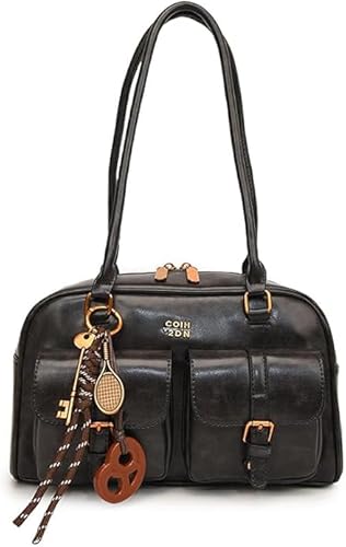 Demiawaking Boston Sac à Main Rétro pour Femme, Sac à Main Vintage Multi-poches pour Femme, Sac Bandoulière en Cuir, Convient Aussi Bien aux Affaires qu'aux Loisirs (Noir)