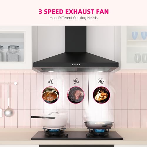 FIREGAS Black Range Hood 30 Inch, Wall Mount Kitchen Hood Ducted/Ductless Convertible, 450 CFM, 3-Speed Exhaust Fan, Stainless Steel Stove Vent for Kitchen with LED Lights, Charcoal Filters - Thumbnail 7
