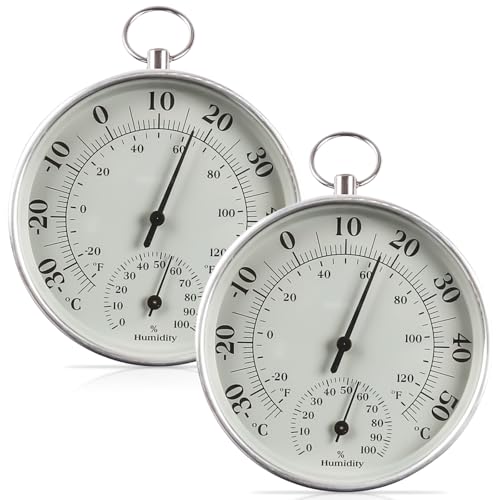 2 pezzi 2 in 1 termoigrometro in acciaio inox, termometro da esterno, igrometro analogico, sauna termometro, strumenti di misurazione per case, serre, giardini, automobili, senza batterie