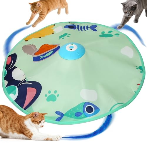 PUHOHUN Interactif Jouet pour Chats lnterieur Noel - Jouets Jeu Chat Automatique avec Plumes Mobiles,3 Vitesses, USB-C, Design Silencieux Jeux Chat Appartement, Anniversaire (Bleu)