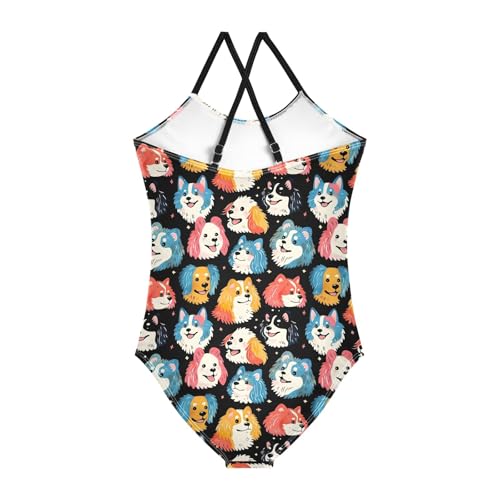 senya Girls Swimsuits One-Piece Swimwear Tie Bathing Suit Beach Summer Round Neck 9-10T Colorful Dog Heads Black Stars2
