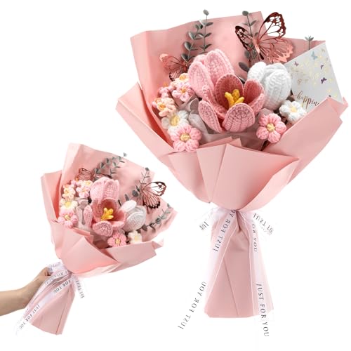Fanfanwin Crochet Flowers Bouquet Tulips Knitted Flowers, Pink