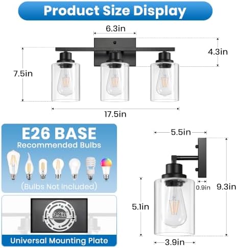 Ascher 3 Light Bathroom Light Fixture, Matte Black Bathroom Lighting Fixtures Over Mirror, Vanity Light with Clear Glass Shade, Wall Sconce for Living Room Bedroom Cabinet, E26 Base - 1