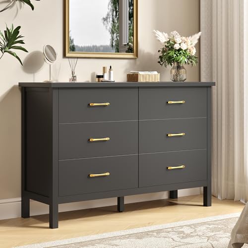 Image of Tradare Black Dresser for Bedroom, 6 Drawer Wood Double Dresser with Gold Handles, Wide Chest of Organizer Storage Drawers for Living Room, Hallway, Entryway