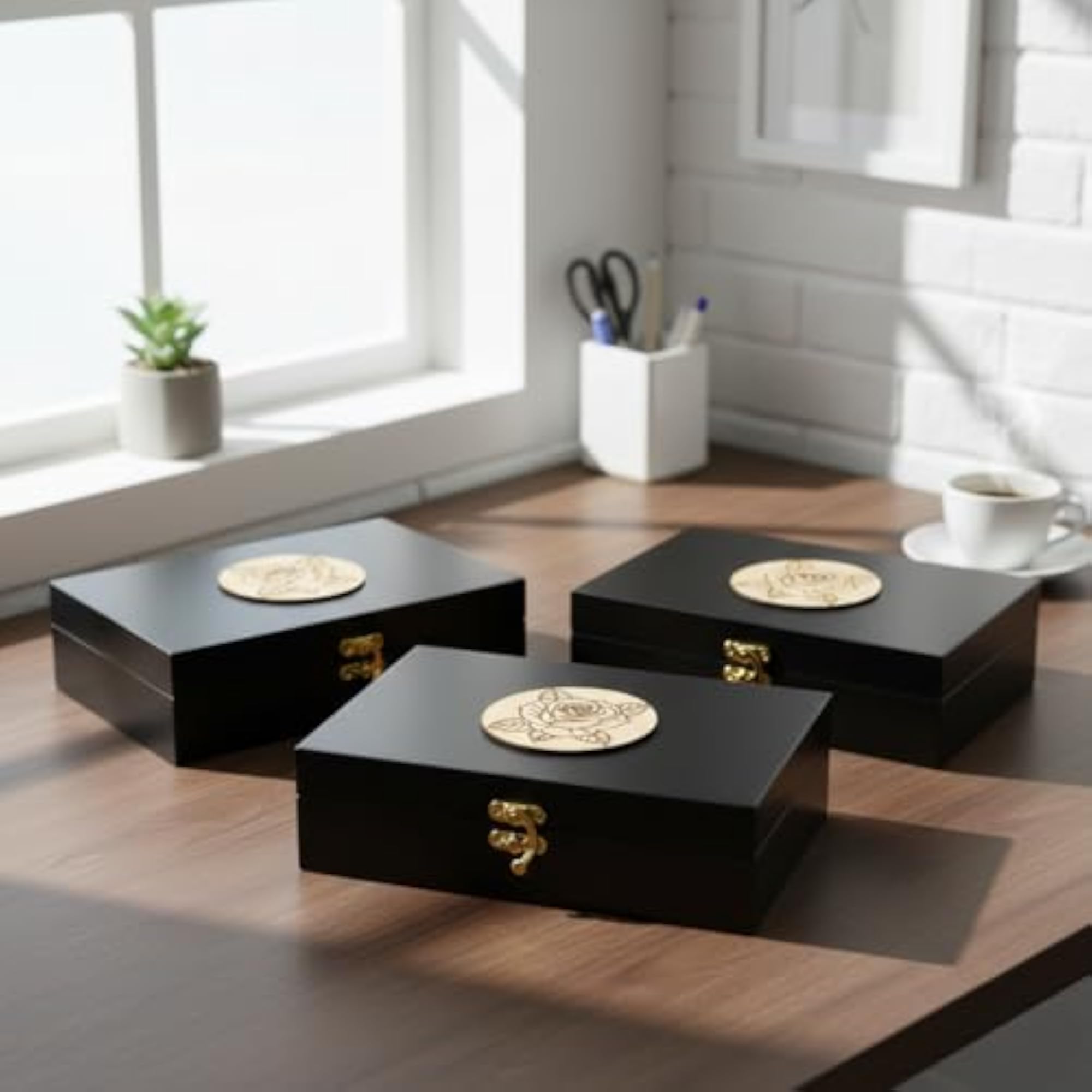 Elegant Black Wooden Storage Box with Velvet Interior