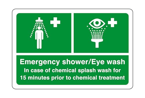 Emergency shower/eye wash in case of chemical splash wash for 15 minutes - safety sign - High tack self-adhesive sticker (200mm x 150mm) Viewing Distance within 5m.