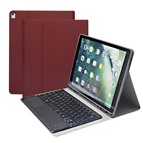 Bueuwe Tastatur Hülle für iPad Pro 12.9 2015/2017 (1./2. Generation), Englisches und Deutsches Layout, 7-Farbige Tastatur mit Hintergrundbeleuchtung Und Touchpad, PU-Ledertasche mit Stifthalter (Rot)