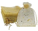 Ankirol 100pcs Organza Bags Moon and Stars Baby Shower Favor Bags Jewelry Candy Gift Card Bags With Gold Line Drawstring Pouches (Gold, 5x7)