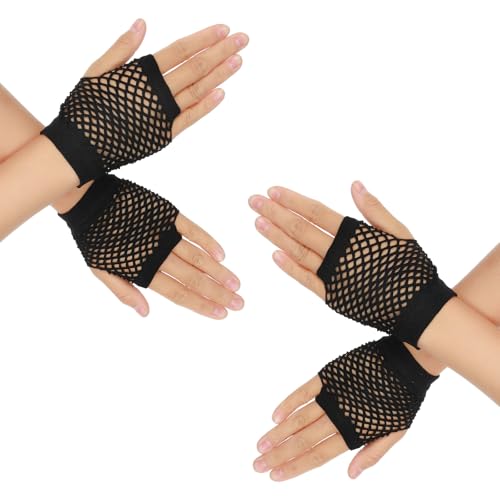 Telooco 2 Paires Gants Courts en Résille Gothique Gants d'Halloween Années 80 et 90 Mitaines en...