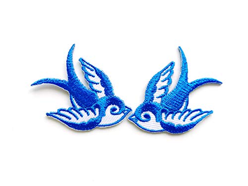 Th Set Of 2 Tiny. Mini Cool Blue White Little Bird Tattoo Swallow Dove Sparrow Jacket T-Shirt Sew Iron On Embroidered Applique Badge Sign Patch Clothing #TOP1