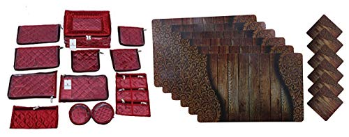 Kuber Industries Jewellery Kit with 12 Pouches (Maroon Satin) & PVC 6 Pieces Dining Table Placemat Set with 6 Pieces Tea Coasters (Brown) Combo