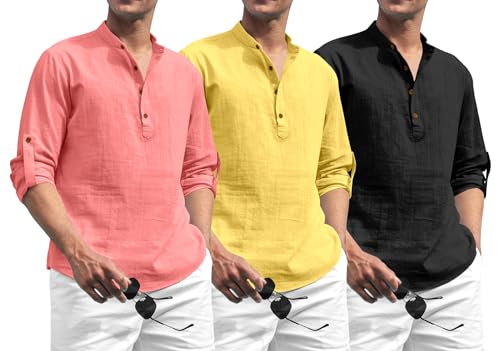 Image of Zombom Combo of Men's Solid Cotton Polyester Blend Full Sleeve Mandarin /Chinese Collor Straight Kurta Shirt (Pack of 3)
