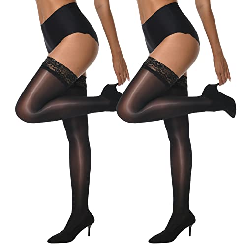 MANZI Sheer Shiny Thigh High Stockings 2 Pairs Silky lingerie Pantyhose for Women with Stay Up Silicone Lace Top