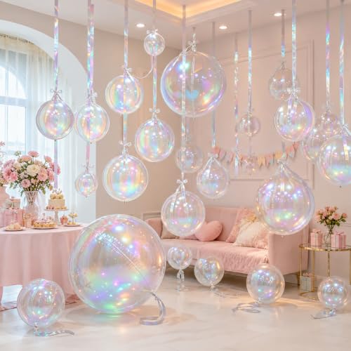 Image of 14 Pcs Iridescent Round Foil Balloons Mermaid Holographic Balloons | Iridescent Clear Balloon Mylar Balloon for Girls Mermaid Kpop Under The Sea Rainbow Birthday Wedding Disco Party Decoration