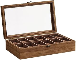 SONGMICS Uhrenbox mit 12 Fächern, Uhrenkasten aus Massivholz, mit Glasdeckel, Uhrenkissen, Geschenk für Ihre Liebsten, walnussfarben JOW120K01