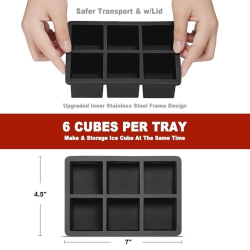 Image of Ice Cube Molds with Lid,Big Silicone Ice Cube Tray for Whiskey,2Inch Square Ice Cube Tray,Easy-Release Ice Mold,Giant Ice Cubes for Bourbon Cocktail (2, Full Black)