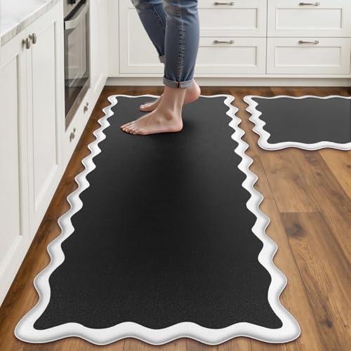 Arenarug Scalloped Black White Kitchen Mats Rugs Sets of 2 Cushioned Anti Fatigue Floor Mat Waterproof Kitchen Rugs Non Slip Foam Comfort Standing Mat for Sink Laundry Black White 17.3"x30"+