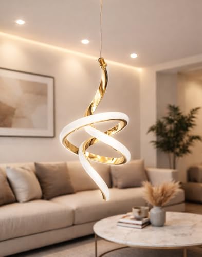 Image of Modern Spiral Shape Gold Finish Energy Saving Led Pendant Hanging with 3 Different Color Mode (Warm White, Cool White, Neutral White) for Bedroom, Living Room, Restaurants, Dining, Home