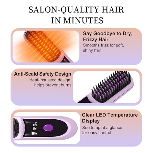 Go Brush Pro for Short Hair 2026, Portable Straightener Brushs for Travel, with LCD Temperature Display, Fast Heating Cordless Mini Hair Brushs (Purple) — view 4