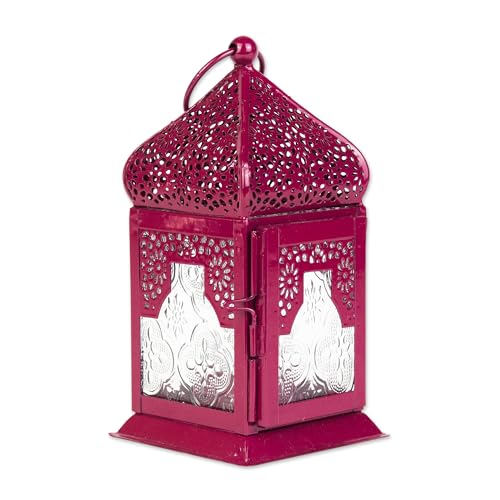 NOVICA Artisan Handmade Aluminum Glass Hanging Candle Holder Small Lantern Maroon with Decorative Red Metal India Lamps Lighting Garden Party [lantern 8in H x 3in W x 3in D] 'Market Maroon'