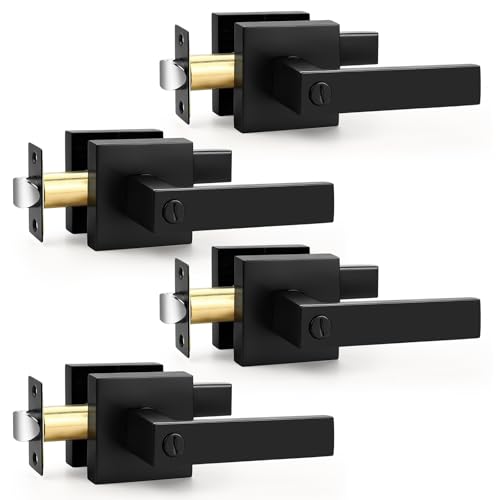 Probrico 4 Pack| Matte Black Square Privacy Door Levers Bed Bath Door Handles Heavy Duty Interior Keyless Door Locks for Left or Right Sided Doors