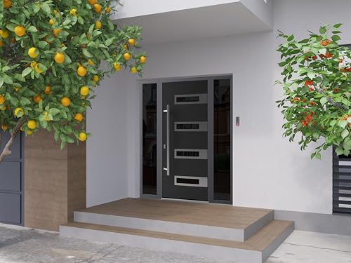 Front Exterior Prehung Steel Door/Ronex 0131 Black Enamel / 2 Side Exterior Windows Sidelites/Stainless Inserts Entry Metal Modern Painted W14+36+14' x H80 Right Hand Inswing