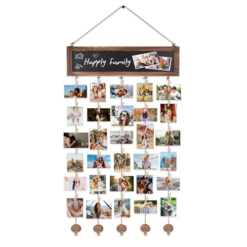 Shalwinn Fotovorhang Bilderrahmen Collage Holz, Diy Fotowand Aufhängen für mehrere Bilder, Kunstwerk hängende Fotorahmen mit 30 Holzklammern für Wanddekoration