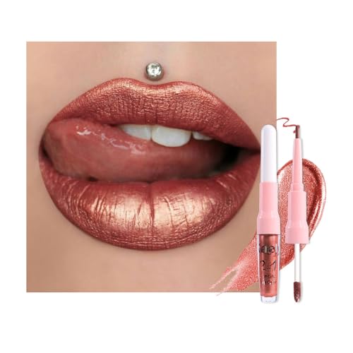 Kaely 2-in-1 Copper Metallic Lipstick and Lip Liner Makeup, Shimmer Liquid Metallic Lipsticks for Women, Glitter Lip Gloss Stain Long Lasting Waterproof Smudge Proof 24 Hour, Vegan & Cruelty-Free, 20