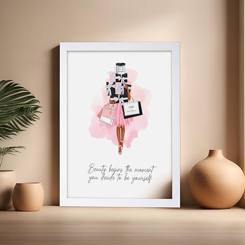 Image of Poster Master Lady with Shopping Bags Poster - Fashion Print - Trendy Art - Modern Art - Gift for Women & Fashionista - Luxury Haute Couture Decor for Bedroom or Girl's Room, 16x20 White Framed